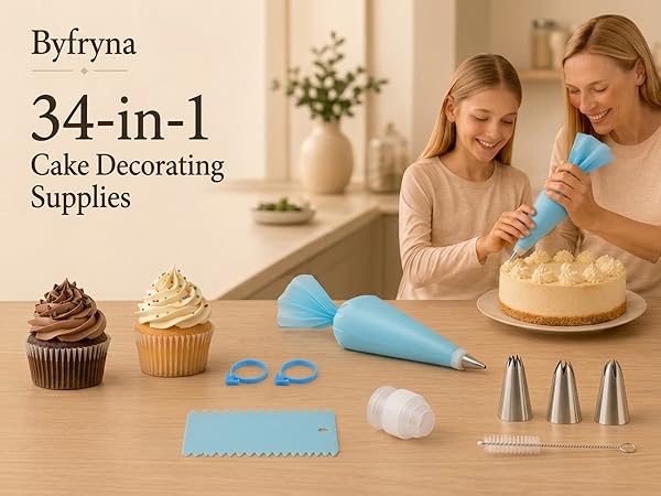 Byfryna piping bags and tips set with cupcakes and decorating tools
