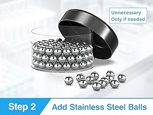 Text reads 'Unnecessary' and 'Only if needed'. Product assembly step showing stainless steel balls being added to a circular track or mechanism.
