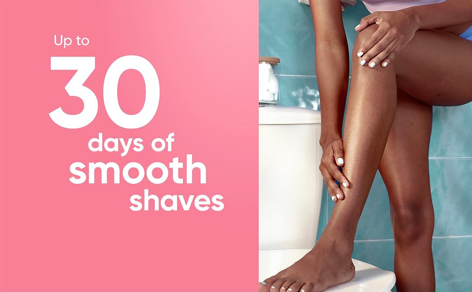 Woman showing smooth legs after using Venus ComfortGlide White Tea which gives up to 30 days