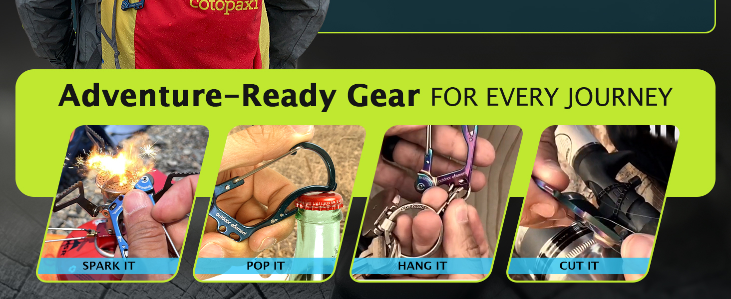fire starter carabiner, bottle opener, every day carry carbiner, keychain holder