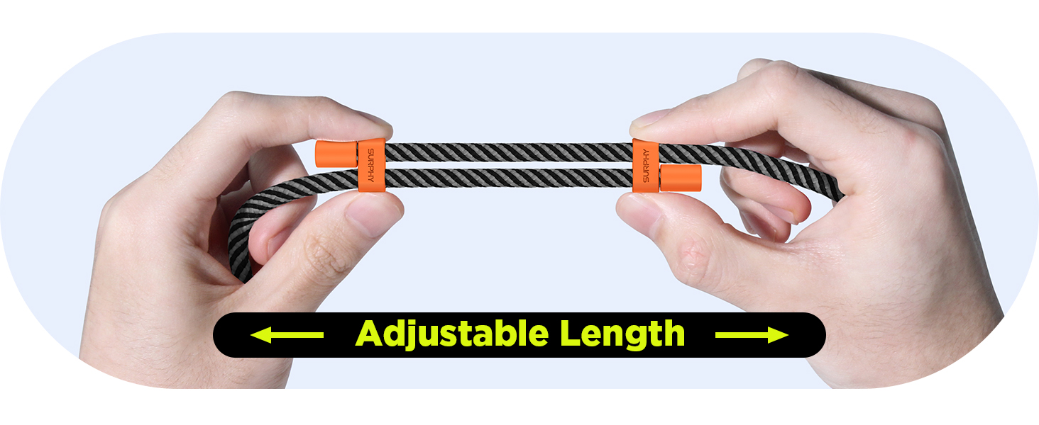 Adjustable-length cable with black braided wire and orange end clamps. Hands demonstrate stretching capability. Text indicates 'Adjustable Length' with arrows.