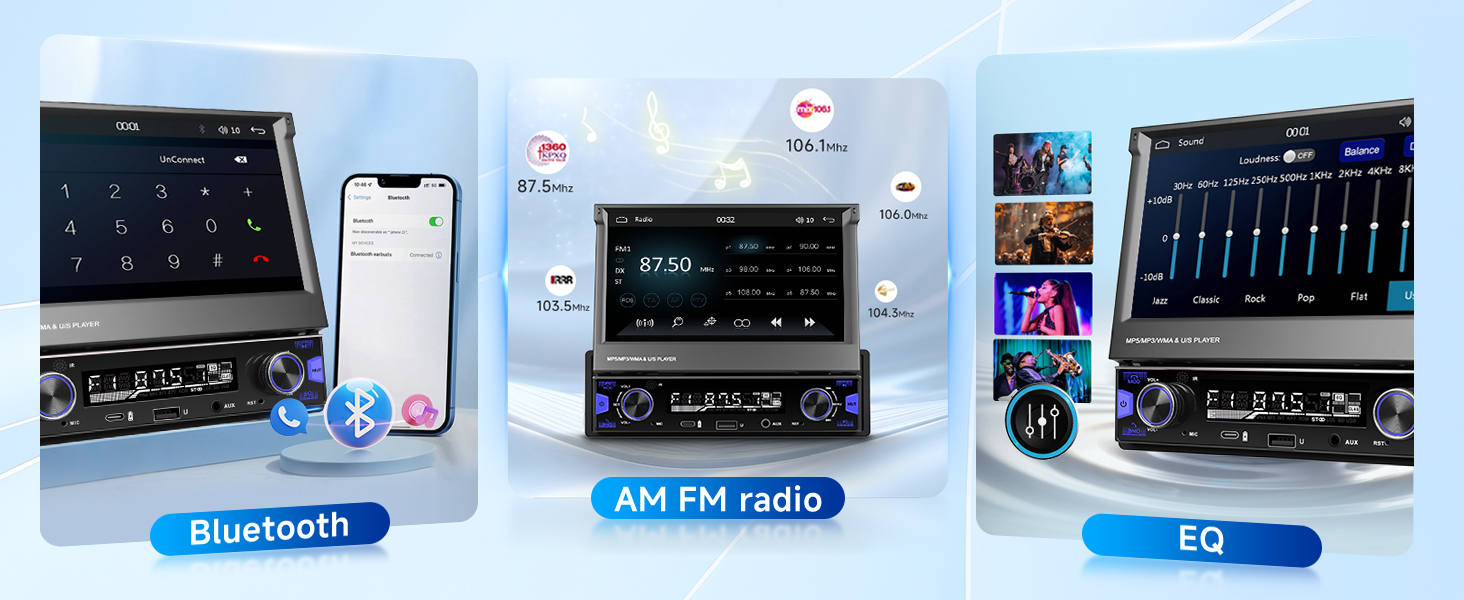 Single Din Car Stereo Screen Flip Out Wireless CarPlay Android Auto