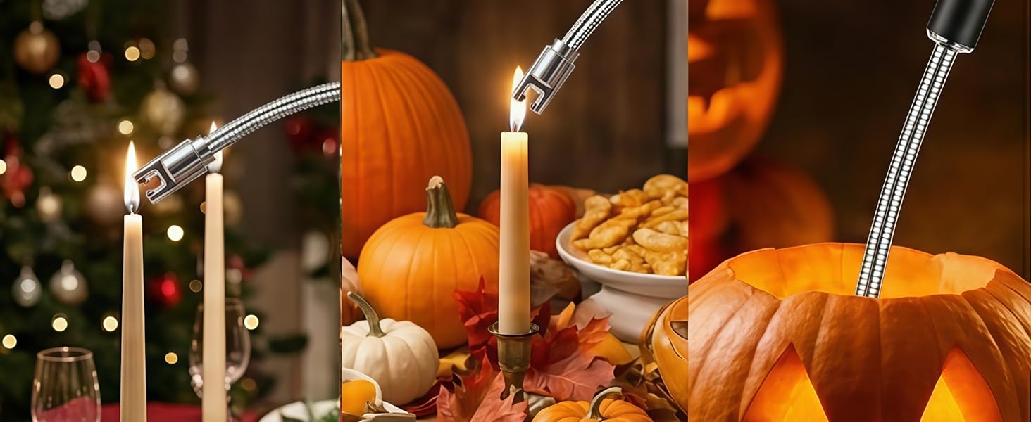 Rechargeable lighter safely lighting candles and pumpkin decor during holiday celebrations.