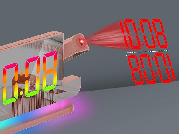 Projection Alarm Clock,7.4 in LED Mirror Digital Clocks Projection on Ceiling Wall,RGB Night Light