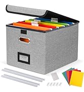 DECOSIS File Organizer Box with 5 Hanging Folders &amp; Plastic Slide, Collapsible Linen File Box wit...