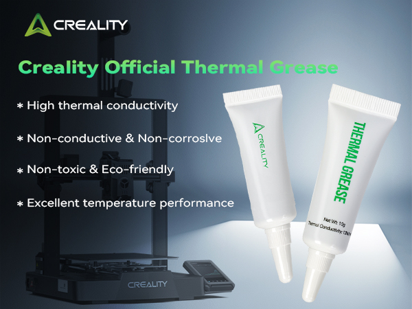 Creality thermal paste tubes with packaging highlighting features: high thermal conductivity, non-conductive, non-corrosive, and eco-friendly properties.