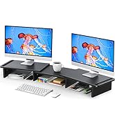 Zimilar Dual Monitor Stand Riser, Monitor Stand with Adjustable Length and Angle, Wood Monitor st...