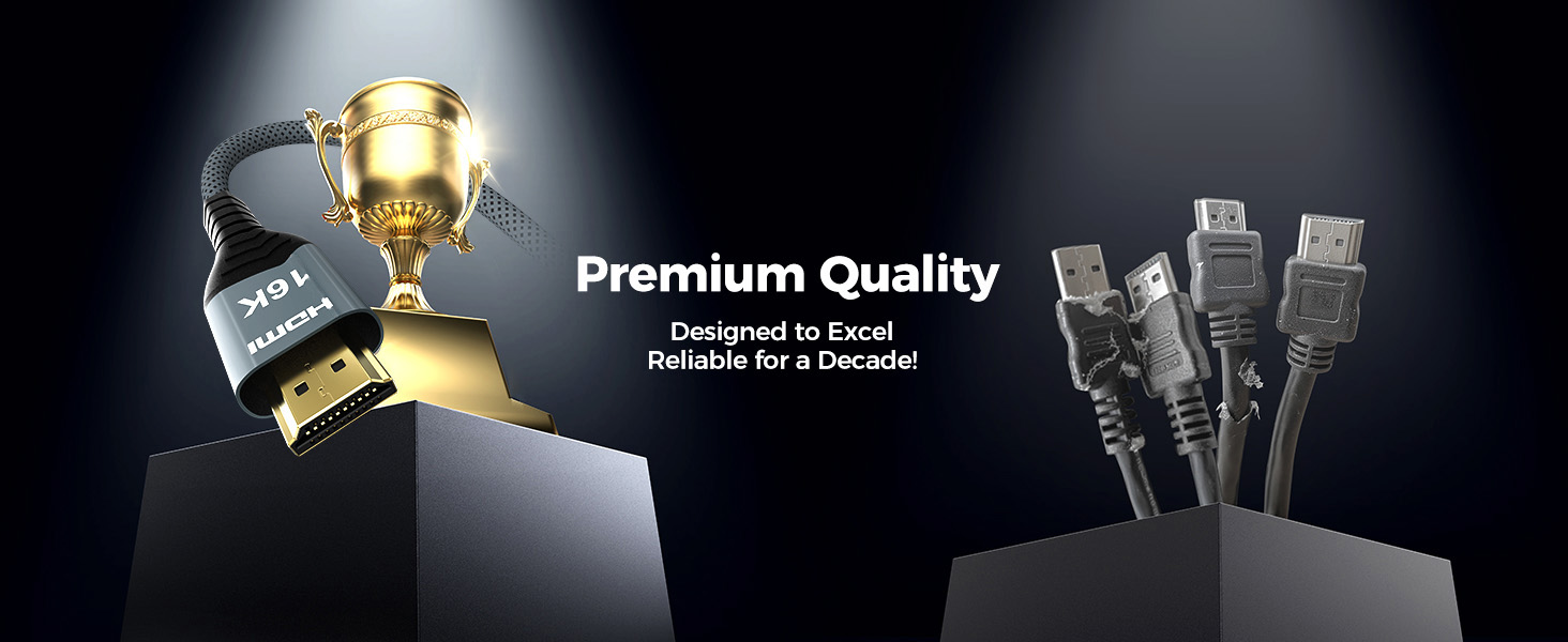 Text reads 'Premium Quality'. Dark product showcase featuring metallic gold and silver trophies arranged dramatically against black background with spotlighting.