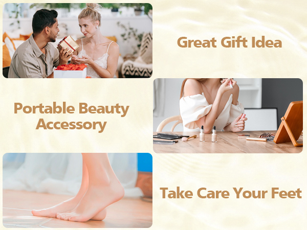 Text reads 'Great Gift Idea', 'Portable Beauty', 'Accessory', 'Take Care Your Feet'. Series showing foot care or beauty product being demonstrated.