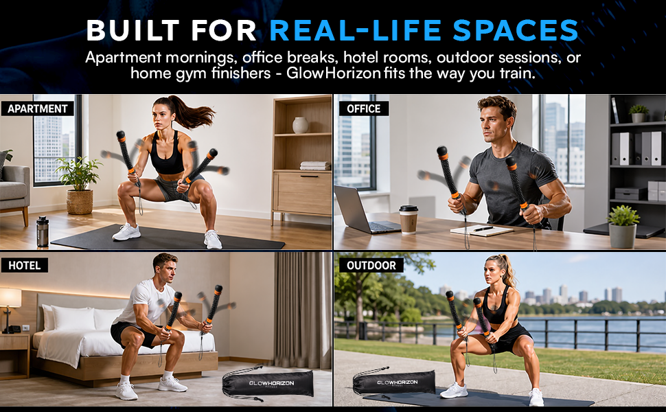 Cordless battle ropes used for apartment, office, hotel, and outdoor workouts