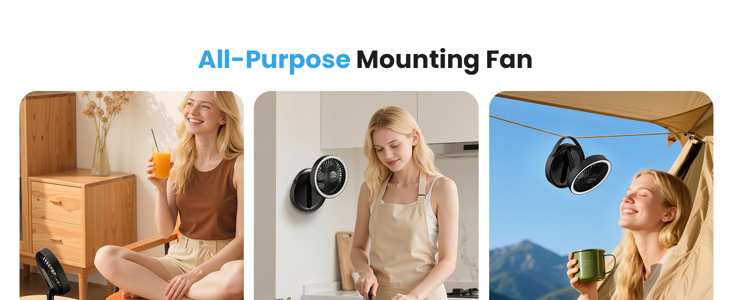 Text reads 'All-Purpose Mounting Fan'. Three panel product demonstration showing fan mounted in different indoor settings.