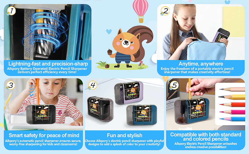 black, blue, purple, cartoon stickers, electric pencil sharpener with cartoon design