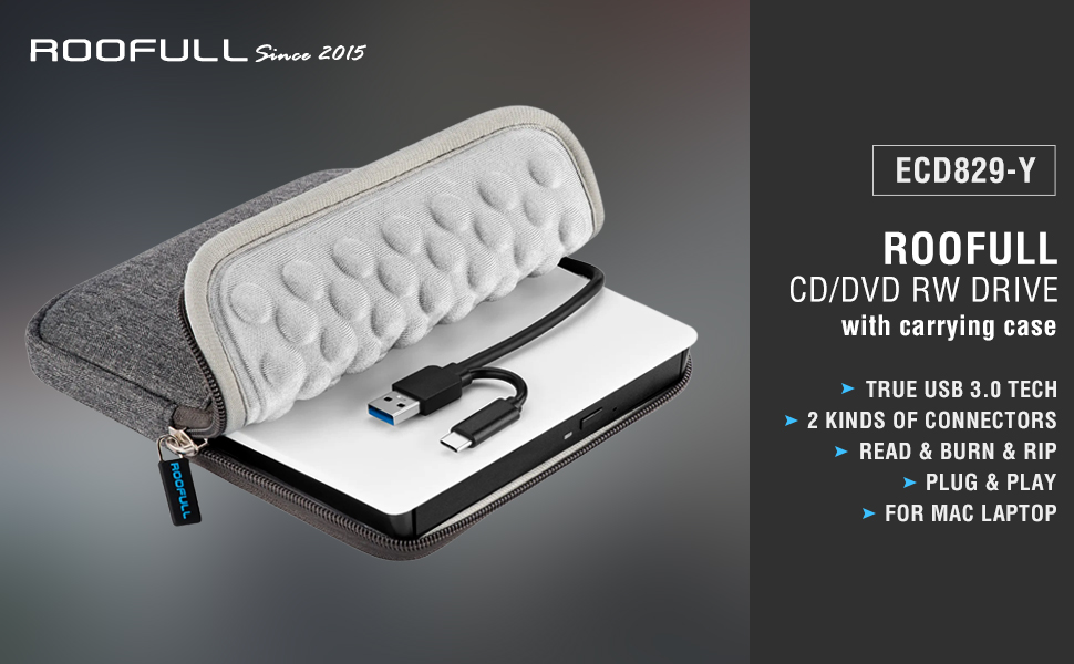 ROOFULL ECD829-Y White External CD DVD Reader Writer Drive for Apple Mac Laptop PCS