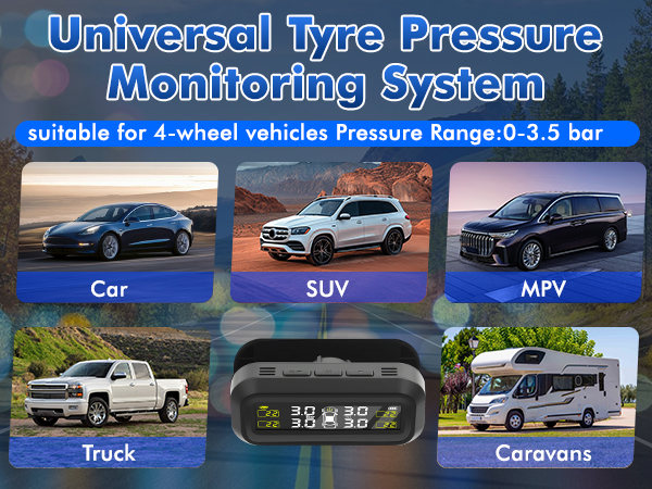 Universal Tyre Pressure Monitoring System for 4-wheel vehicles. Pressure range: 0-3.5 bar. Compatible with cars, SUVs, MPVs, trucks, and caravans. Digital display unit shown.