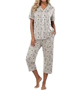 PrinStory Capri Pajamas for Womens Button Down Pjs Short Sleeve Comfy Lounge Set 2 Piece Pj Sets ...