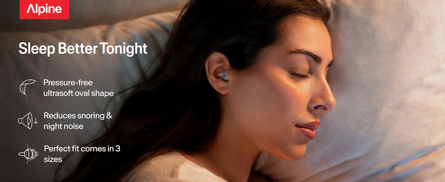 Woman sleeping with Alpine SleepDeep earplugs, pressure-free oval shape in three sizes