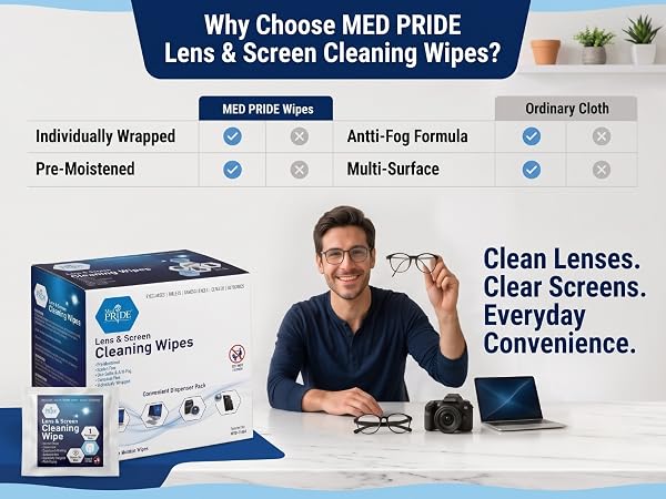 Lens and Screen Cleaning Wipes for Eyeglasses, Touch Screens, Cameras, Anti-Fog,
