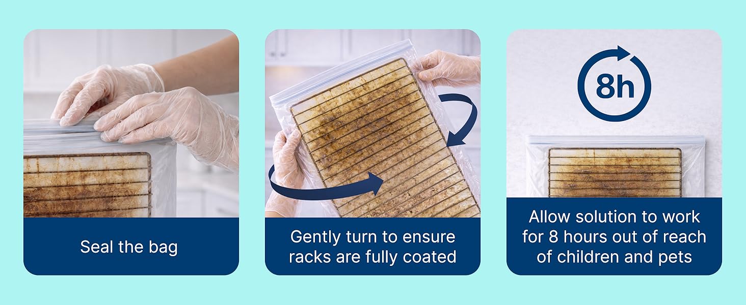 Carbona oven rack cleaner soak process to break down tough grease and baked-on food on racks