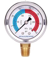 MEASUREMAN 2" Dial Size, Glycerin Filled Pool Filter Pressure Gauge, 304 Stainless Steel Case, 0-...