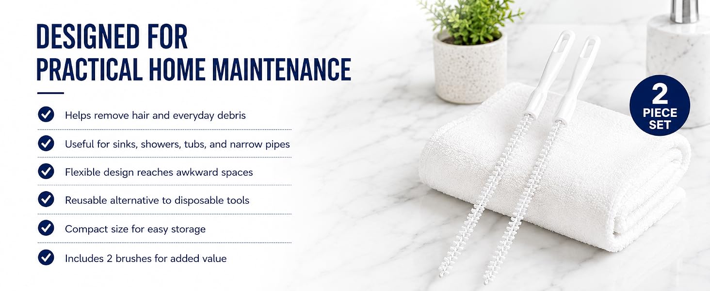 Two reusable drain cleaning brushes for practical home maintenance, compact storage everyday.
