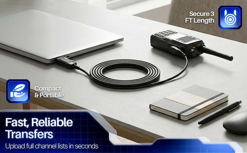 Cable plugged into laptop near radio, emphasizing fast, reliable updates with baofeng chirp cable