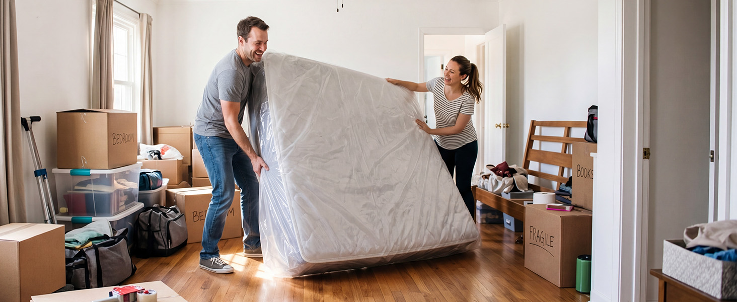 The plastic mattress cover protects your queen-size bed during storage and moving.