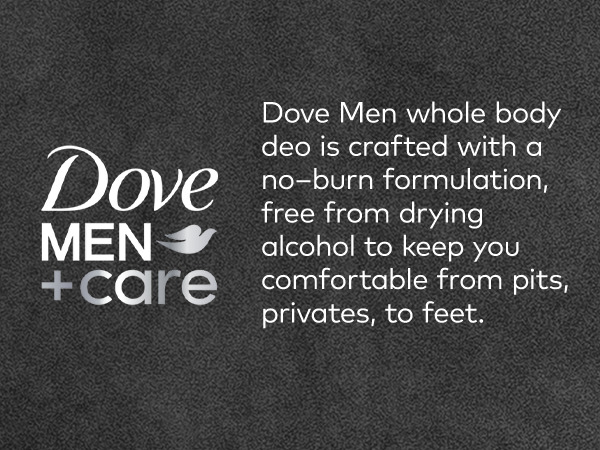 Dove Men+Care logo with text about no burn, alcohol free whole body deo