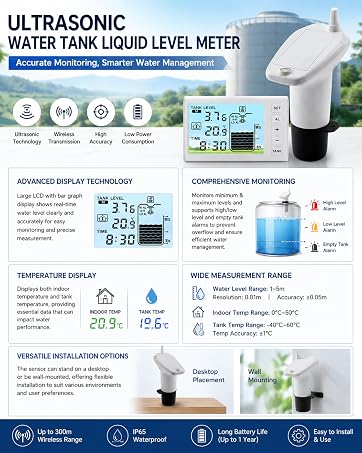 Mulcort Wireless Ultrasonic Level Gauge Water Tank Liquid Level Meter