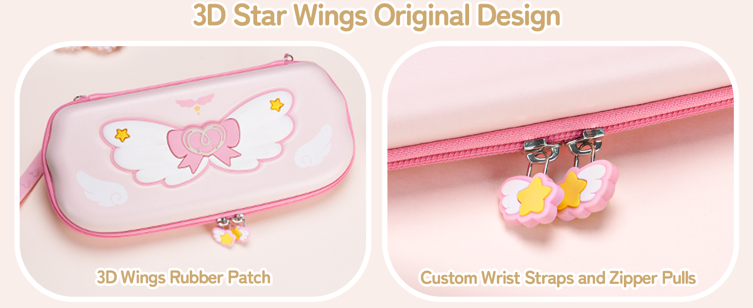 Pink-themed product packaging with text '3D Wings Original Design'. Features cute cartoon-style designs and packaging elements in pastel pink colors.