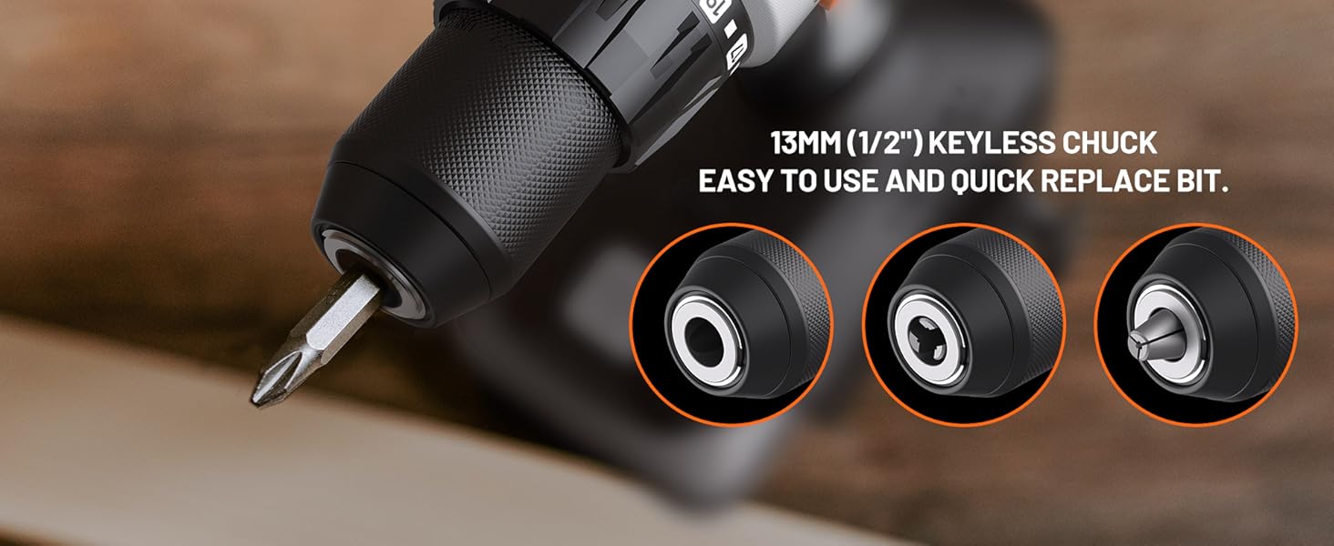 Power drill with 13mm keyless chuck. Close-up of chuck with three circular insets showing different bit attachments. Text highlights easy-to-use and quick-replace features.