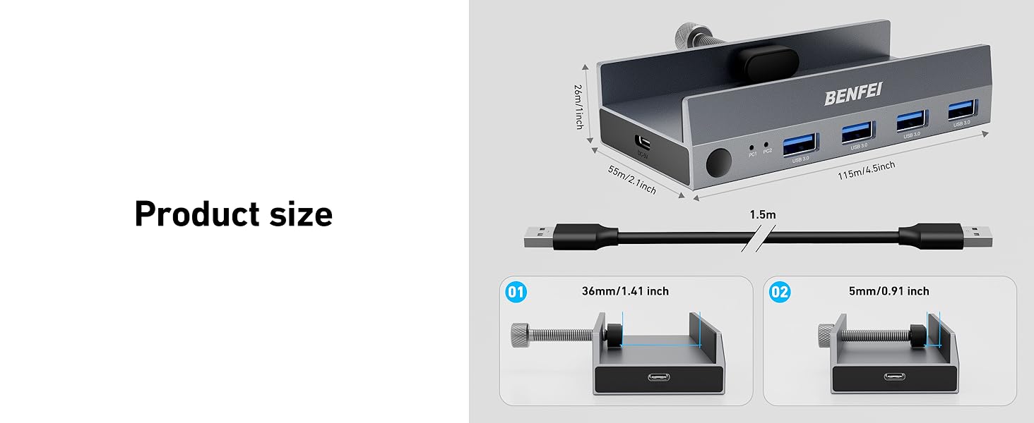 USB hub mounting diagram showing installation steps and product dimensions with multiple USB ports visible.
