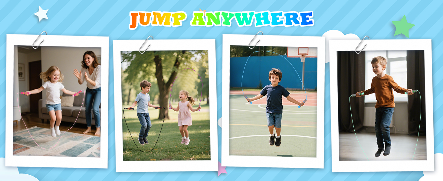 Four photos showing children jumping: indoors with a woman, outdoors in a park, on a sports court, and in a doorway. Text reads 'JUMP ANYWHERE' in colorful letters.