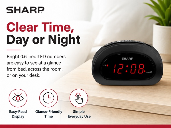 Digital alarm clock with large display, snooze and adjustable brightness for bedroom nightstand