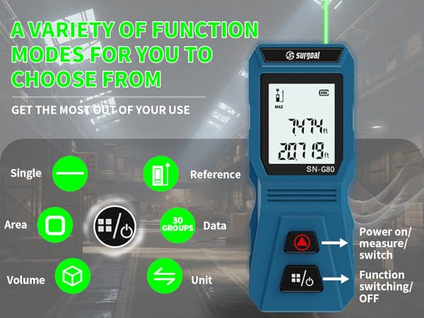 Laser distance measurer, SN-G80 model, multiple measurement modes, switchable units.