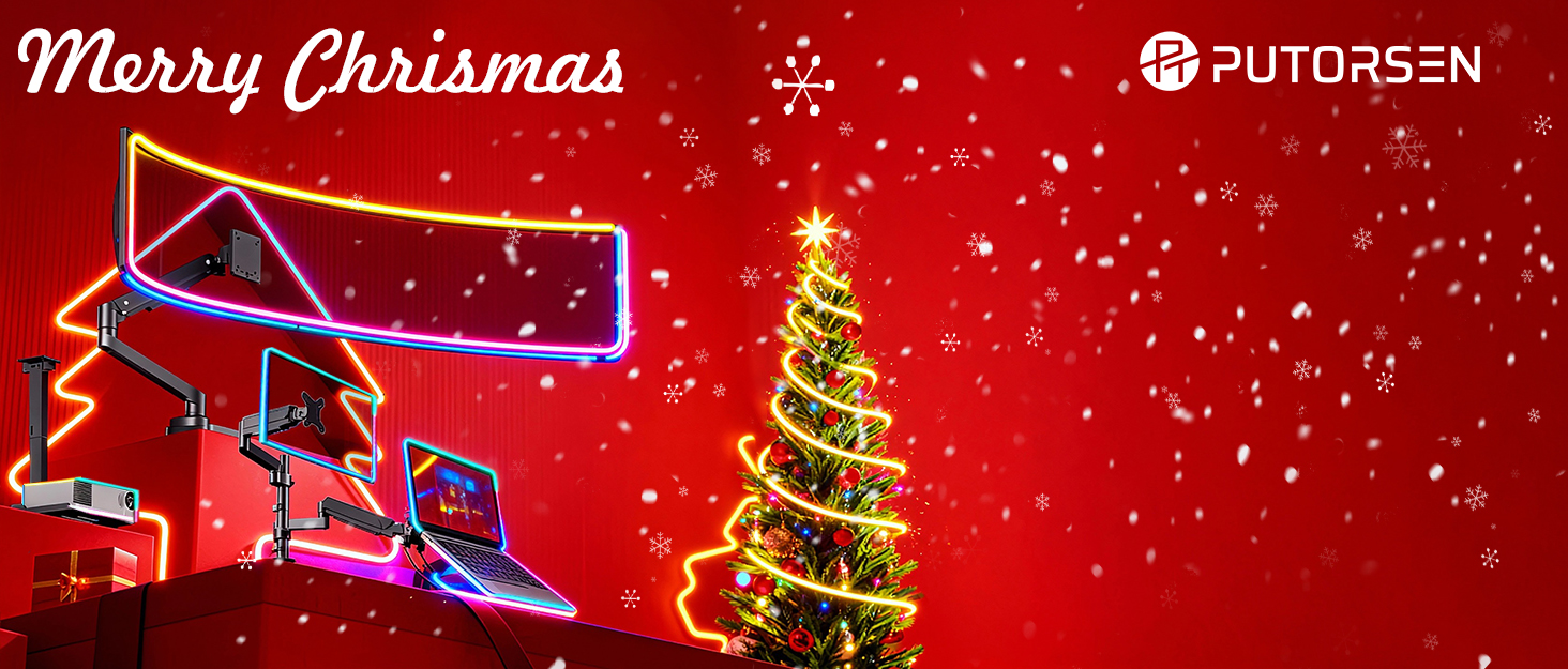 Text reads 'Merry Christmas'. Festive red banner with illuminated neon-style blue lighting elements and glowing Christmas trees against a snowy background with sparkles.