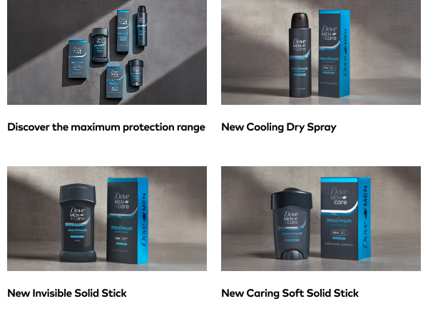 4 images: full range of products, spray deo, stick deo, caring soft solid stick. Boxes also shown.