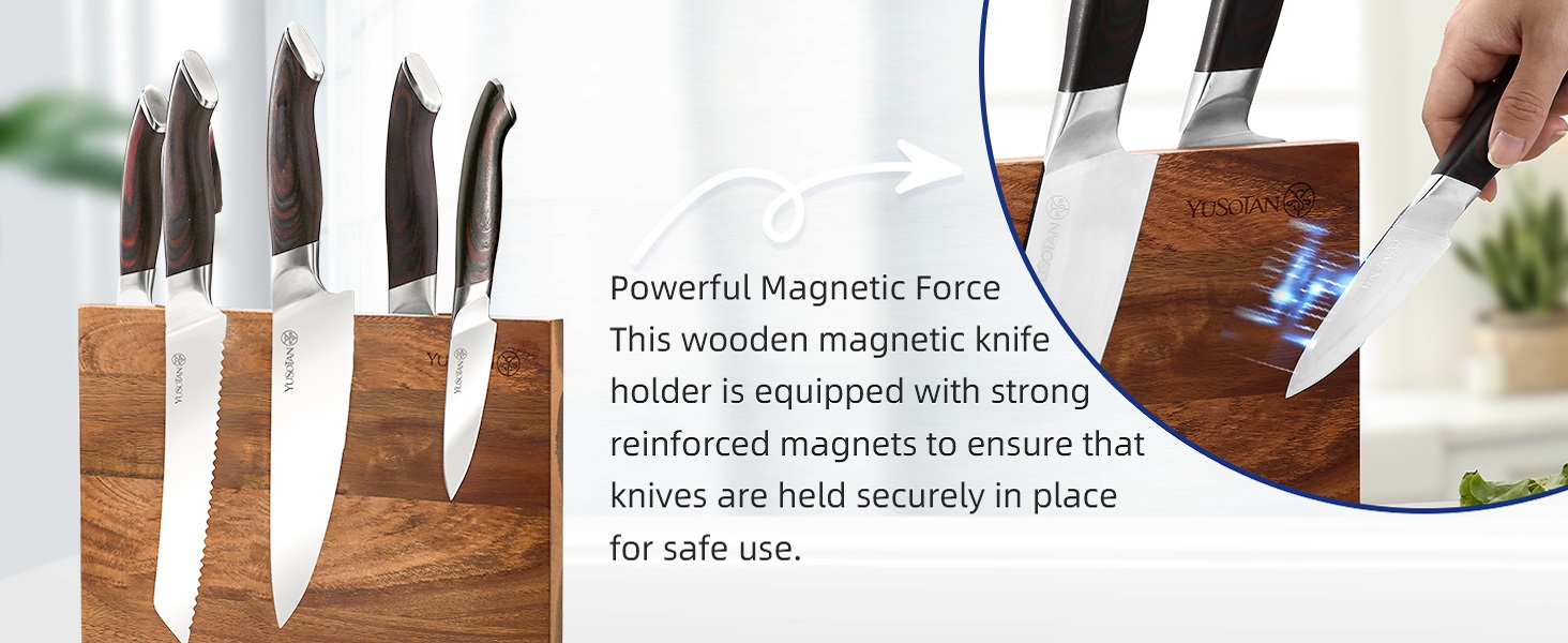 kitchen knife set with a wooden magnetic knife holder