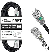HONDERSON 15FT Lighted Outdoor Extension Cord - 10/3 SJTW Heavy Duty Black Extension Cable with 3...