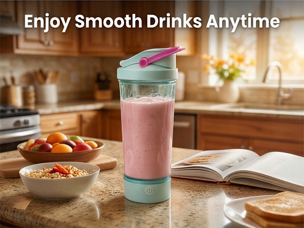 Electric shaker bottle with creamy drink on kitchen counter for breakfast or coffee breaks.