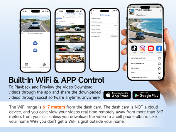 Text reads 'Built-In WiFi &amp; APP Control'. Multiple smartphone screens showing app interface for camera control. Text explains WiFi range is 6-7 meters from dash cam, not cloud-based.