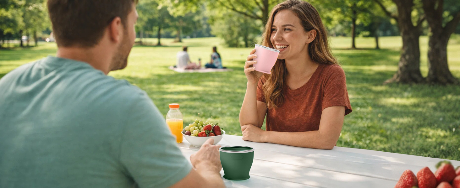 Drink beverages from a camping cup while camping outdoors.
