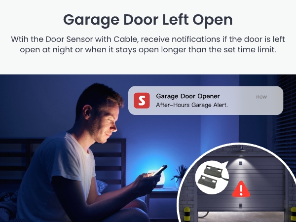 Smart garage door sensor with mobile app notification. Man checks phone at night, circular icon shows open garage door with alert symbol.