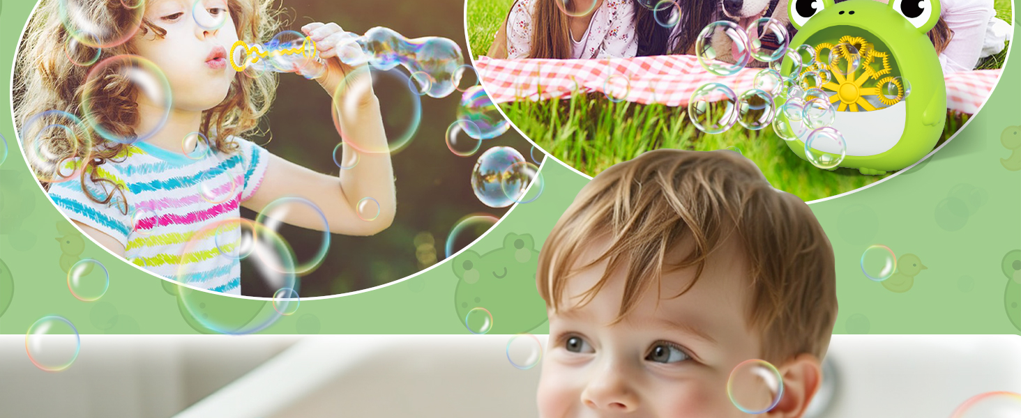 Bubble blowing toy with green handle and yellow wheel. Circular inset shows bubbles floating in air. Green background with partial views of people.