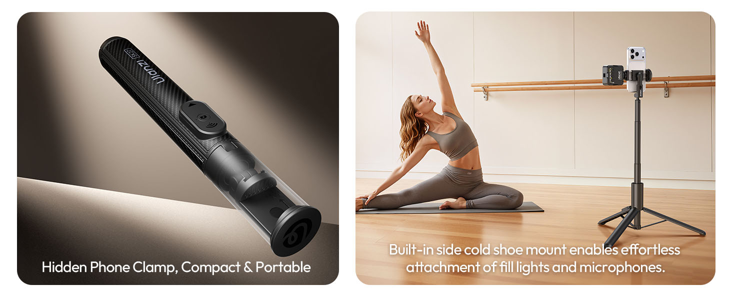 Compact tripod with hidden phone clamp, cold shoe for lights/mics, perfect for travel vlogging.