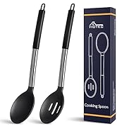 HOTEC Heat Resistant Large Silicone Cooking Spoon, Solid Slotted Spoons, Nonstick Kitchen Cookwar...