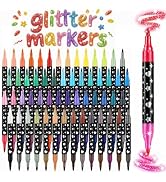 IOMDRWU 96 Colors Glitter Markers, 48 Pack Dual Tip Brush Glitter Marker for Doodle Writing,Glitt...