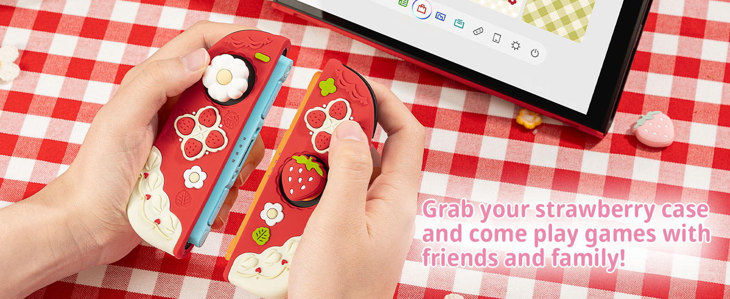 Text reads: 'Grab your strawberry case and come play games with friends and family!' Red and white checkered background with game interface elements visible.