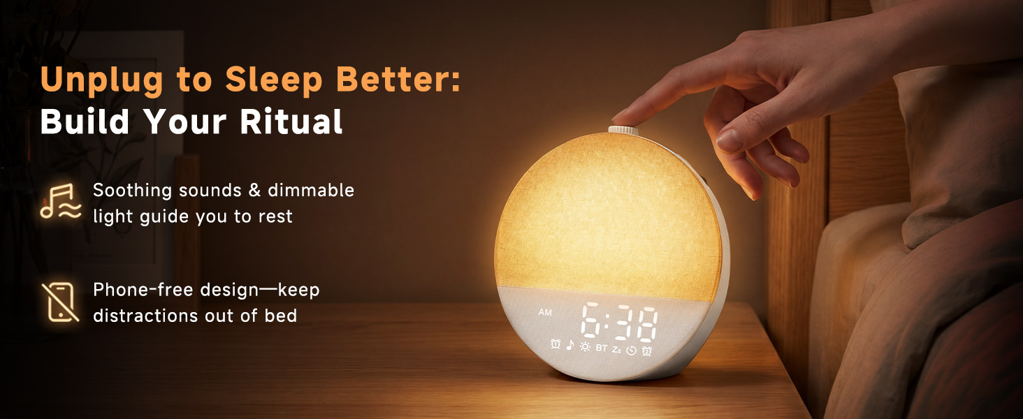Phone-free design-keep distractions out of bed,Soothing sounds &amp;amp; dimmable light guide you to rest