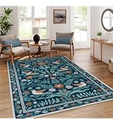 LIVEBOX Washable 5x7 Area Rug, Soft Boho Dark Green Rug for Bedroom, Non-Slip Vintage Large Livin...