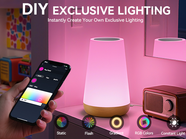 DIY lighting effects smart lamp via app, with static, flash, gradient, RGB colors modes